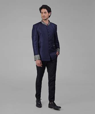 Navy blue zardozi hand embroidered silk bandhgala jacket set 2