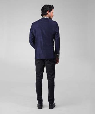 Navy blue zardozi hand embroidered silk bandhgala jacket set 3