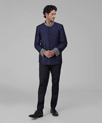 Navy blue zardozi hand embroidered silk bandhgala jacket set 4