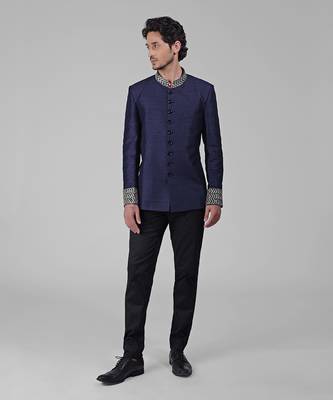 Navy blue zardozi hand embroidered silk bandhgala jacket set 5