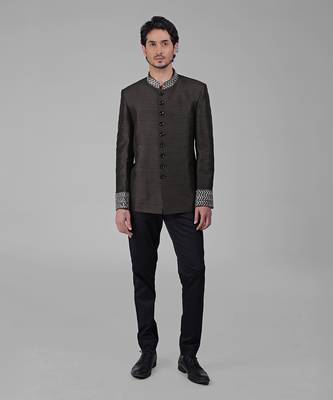 Charcoal grey zardozi hand embroidered silk bandhgala jacket set 1