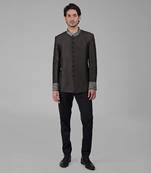 Charcoal grey zardozi hand embroidered silk bandhgala jacket set