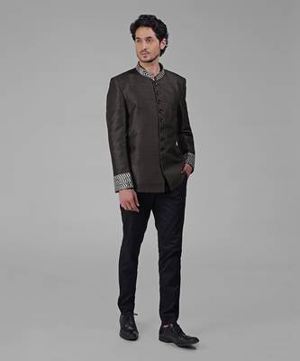 Charcoal grey zardozi hand embroidered silk bandhgala jacket set 2