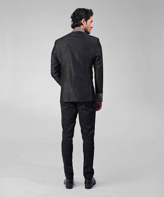 Charcoal grey zardozi hand embroidered silk bandhgala jacket set 3