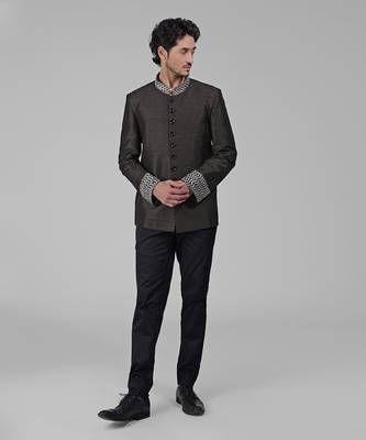 Charcoal grey zardozi hand embroidered silk bandhgala jacket set 4