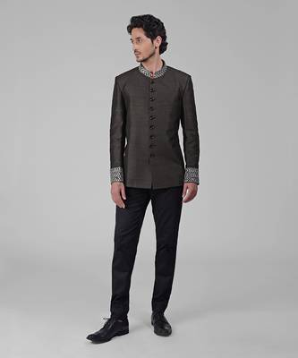 Charcoal grey zardozi hand embroidered silk bandhgala jacket set 5
