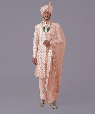 Oyster pink floral zardozi embroidered silk sherwani set 1