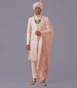 Oyster pink floral zardozi embroidered silk sherwani set