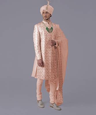 Oyster pink floral zardozi embroidered silk sherwani set 2