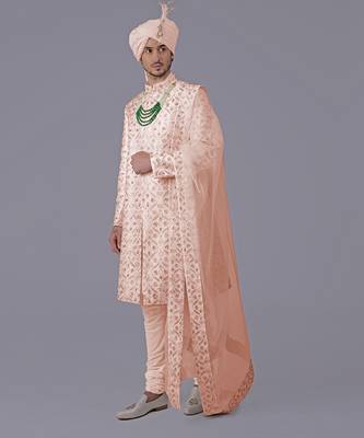 Oyster pink floral zardozi embroidered silk sherwani set 3