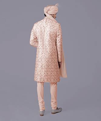 Oyster pink floral zardozi embroidered silk sherwani set 4