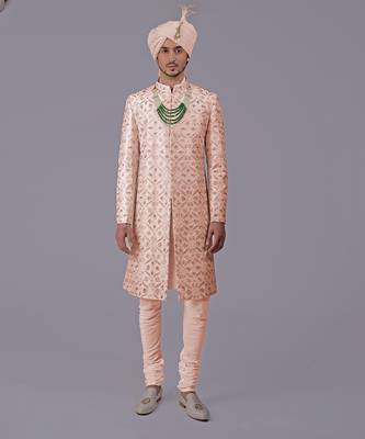 Oyster pink floral zardozi embroidered silk sherwani set 5