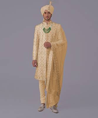 Gold floral zardozi embroidered silk sherwani set 1