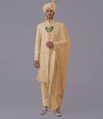 Gold floral zardozi embroidered silk sherwani set