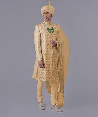 Gold floral zardozi embroidered silk sherwani set 2