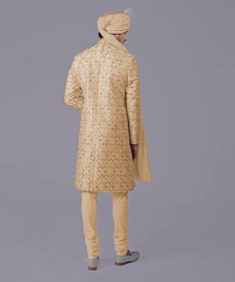 Gold floral zardozi embroidered silk sherwani set 3