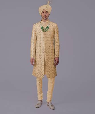 Gold floral zardozi embroidered silk sherwani set 5