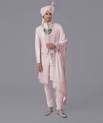Light pink geometric hand embroidered sherwani set 1