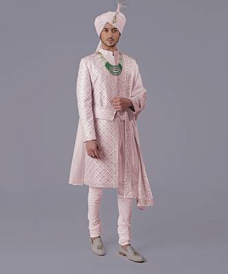 Light pink geometric hand embroidered sherwani set 2