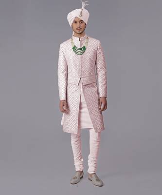 Light pink geometric hand embroidered sherwani set 3