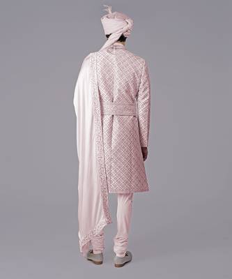Light pink geometric hand embroidered sherwani set 4
