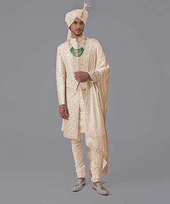 Nude gold geometric hand embroidered sherwani set 1