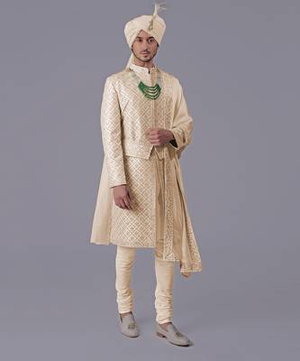 Nude gold geometric hand embroidered sherwani set 2
