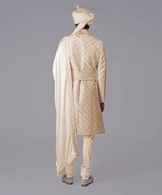 Nude gold geometric hand embroidered sherwani set 3