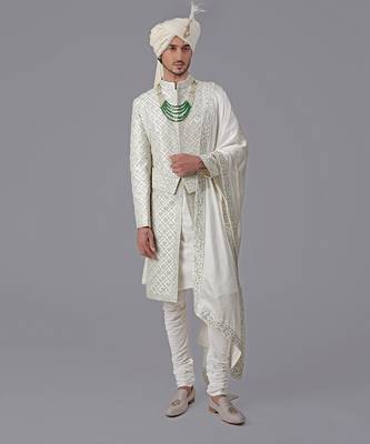 Ivory geometric hand embroidered sherwani set 1