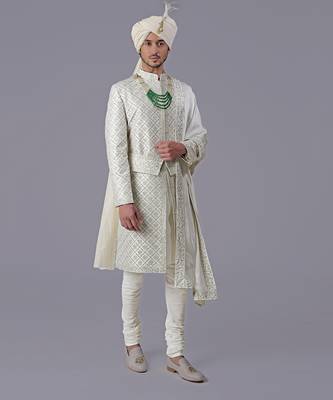 Ivory geometric hand embroidered sherwani set 4