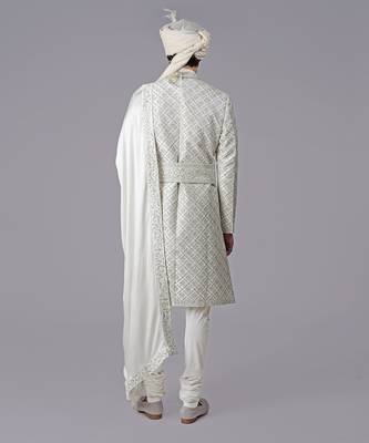 Ivory geometric hand embroidered sherwani set 5