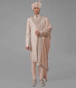 Beige rose floral hand embroidered sherwani set