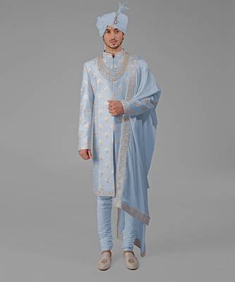 Dusty blue floral hand embroidered sherwani set 1