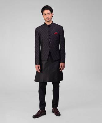 Black chikankari embroidered bandhgala jacket set 1