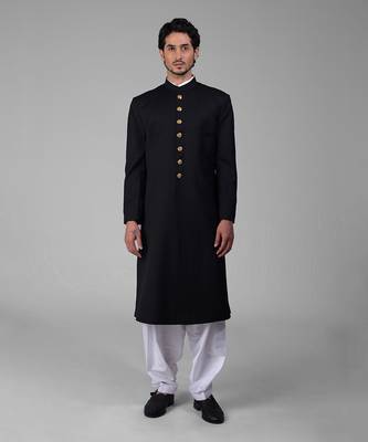 Timeless black pure silk sherwani set 1