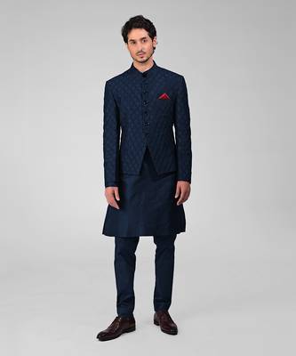 Navy blue chikankari embroidered bandhgala jacket set 1