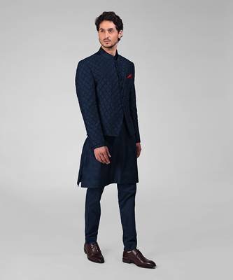 Navy blue chikankari embroidered bandhgala jacket set 2