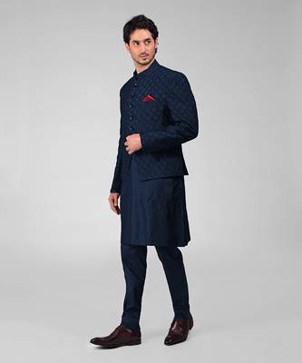 Navy blue chikankari embroidered bandhgala jacket set 4