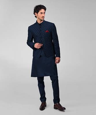 Navy blue chikankari embroidered bandhgala jacket set 5