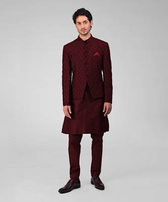 Maroon chikankari embroidered bandhgala jacket set 1