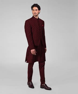 Maroon chikankari embroidered bandhgala jacket set 2