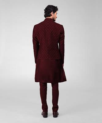 Maroon chikankari embroidered bandhgala jacket set 3