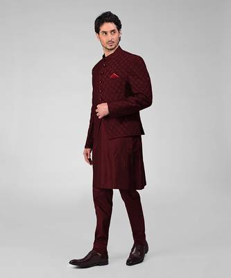 Maroon chikankari embroidered bandhgala jacket set 4