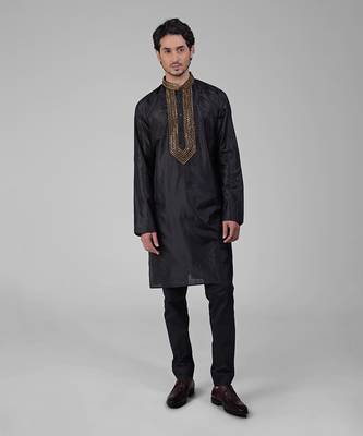 Black zardozi hand embroidered pure silk kurta set 1