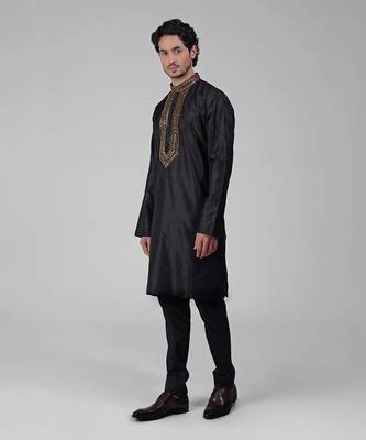 Black zardozi hand embroidered pure silk kurta set 2