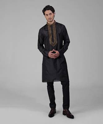 Black zardozi hand embroidered pure silk kurta set 4