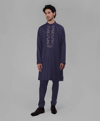 Ink blue silk floral embroidered kurta 1