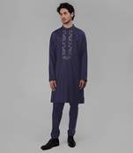 Ink blue silk floral embroidered kurta
