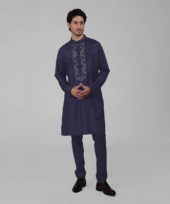 Ink blue silk floral embroidered kurta 3