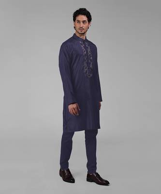 Ink blue silk floral embroidered kurta 4